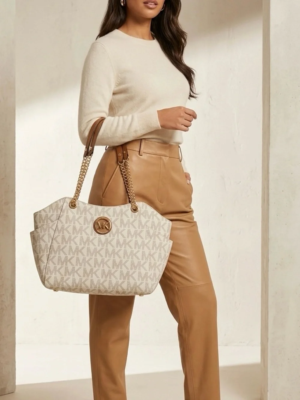 Michael Kors Beige MK Signature Tote with Tan Leather & Gold-Tone Hardware
